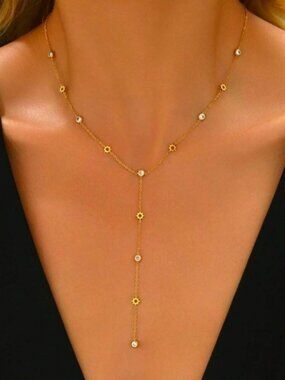 Gold Plated Stainless Steel Sun Cubic Zirconia Lariat Necklace